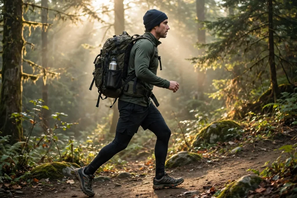 person rucking on a forest trail with a weighted backpack