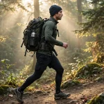 person rucking on a forest trail with a weighted backpack