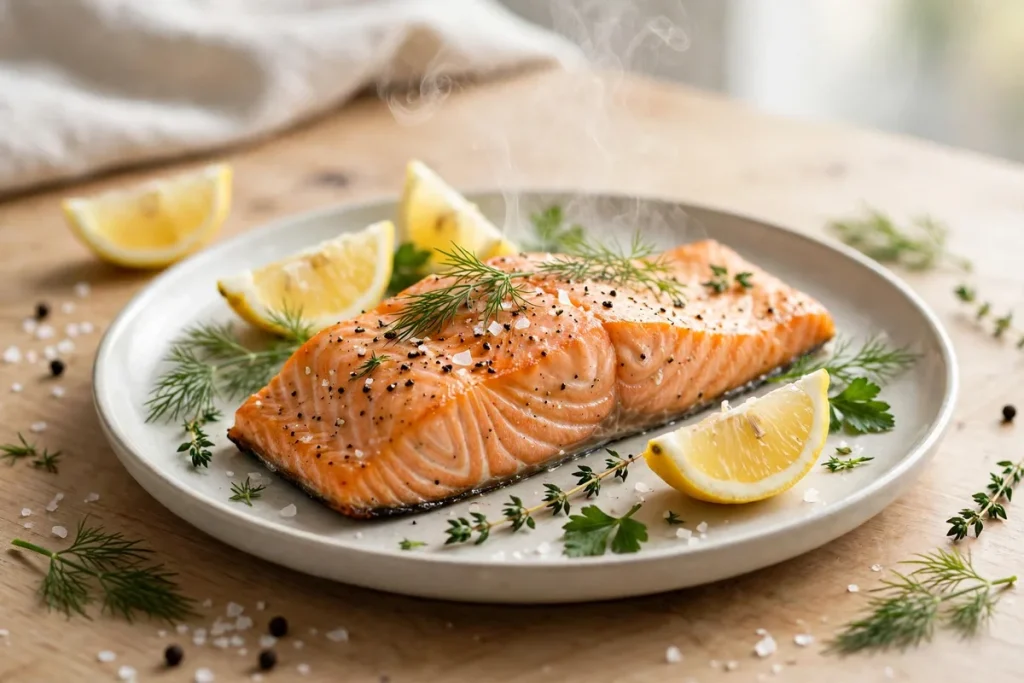 A cooked salmon fillet on a plate with lemon wedges and fresh herbs