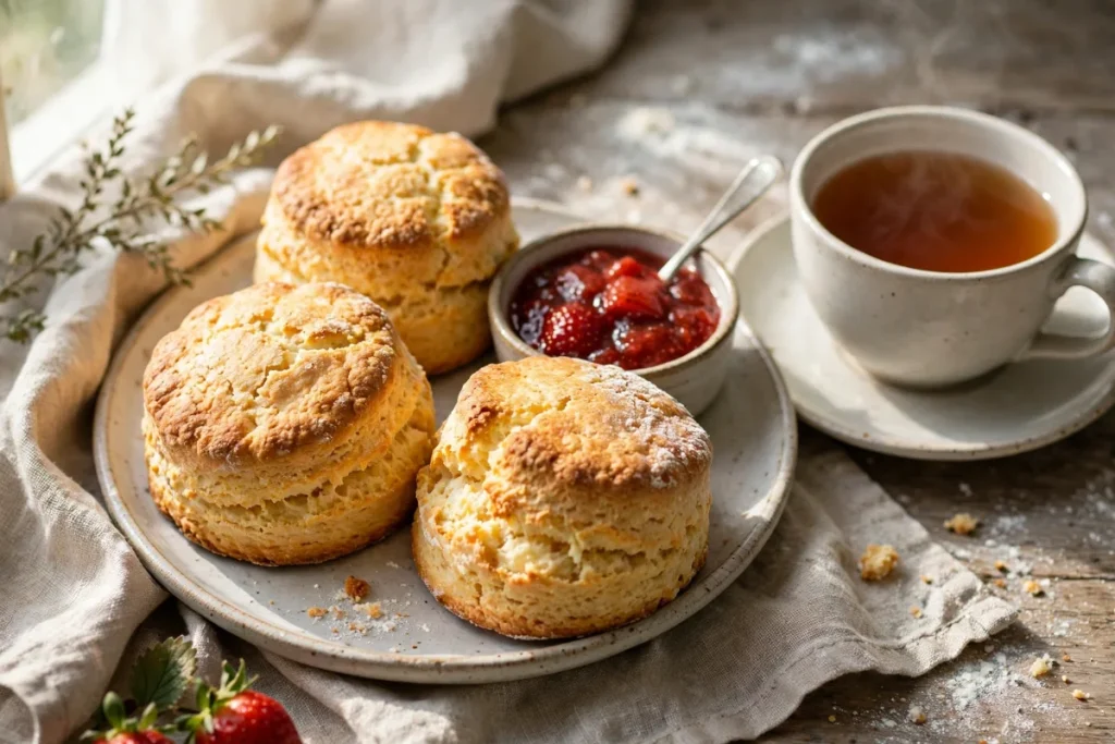 freshly baked scones on a plate with jam and tea