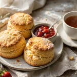 freshly baked scones on a plate with jam and tea