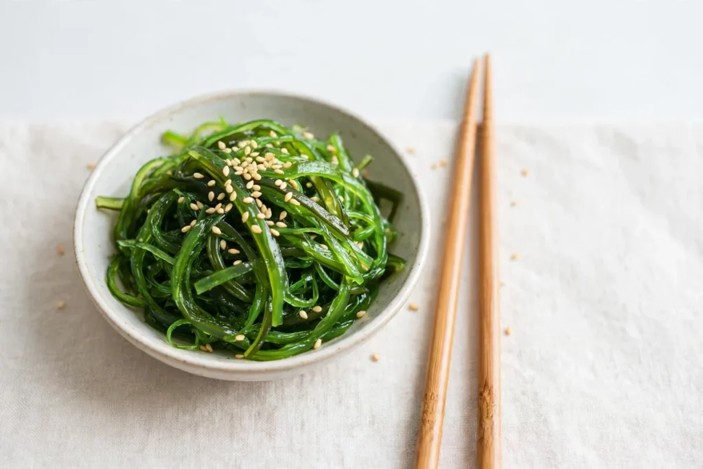 Small bowl of green seaweed salad with sesame seeds and chopsticks