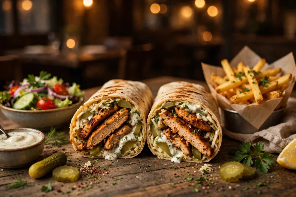 chicken shawarma wrap with garlic sauce and fries