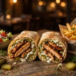 chicken shawarma wrap with garlic sauce and fries