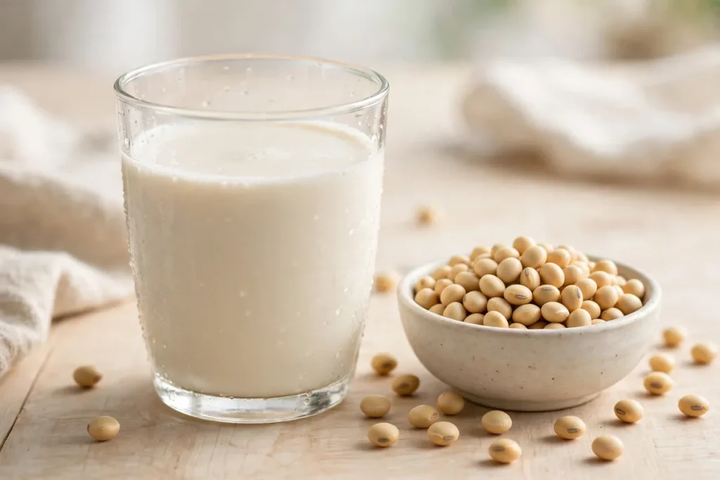 glass of soy milk with soybeans beside it