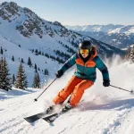 A skier in orange and teal gear carving down a sunny snowy slope