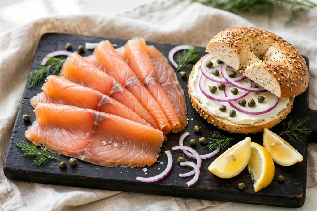 Smoked salmon slices on a board with a cream cheese bagel, capers, red onion and lemon