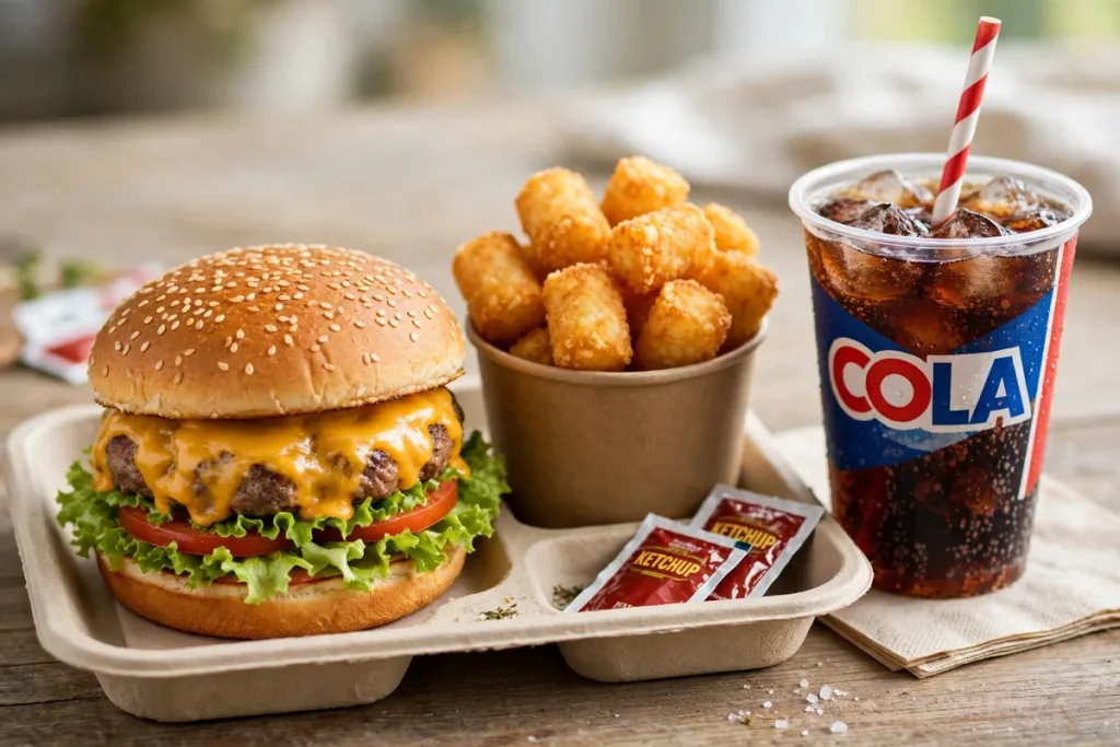 A cheeseburger with tater tots and a cola on a fast food tray