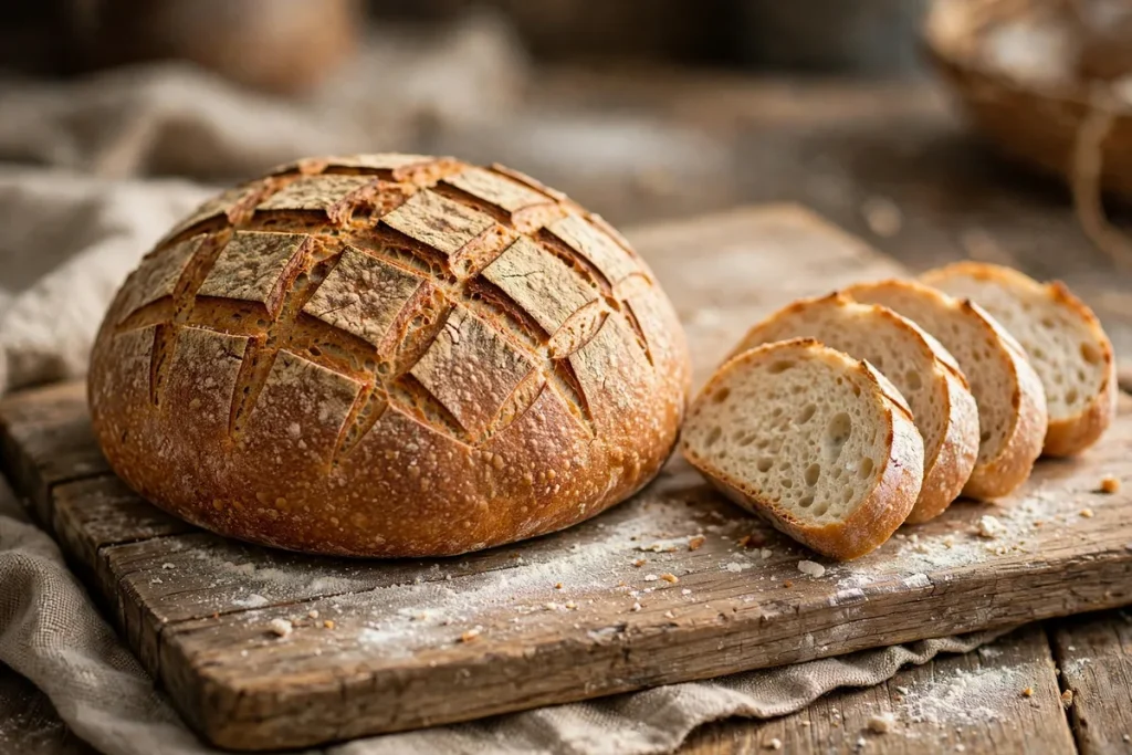 A rustic round sourdough loaf with scored crust and sliced pieces on a wooden board