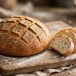 A rustic round sourdough loaf with scored crust and sliced pieces on a wooden board