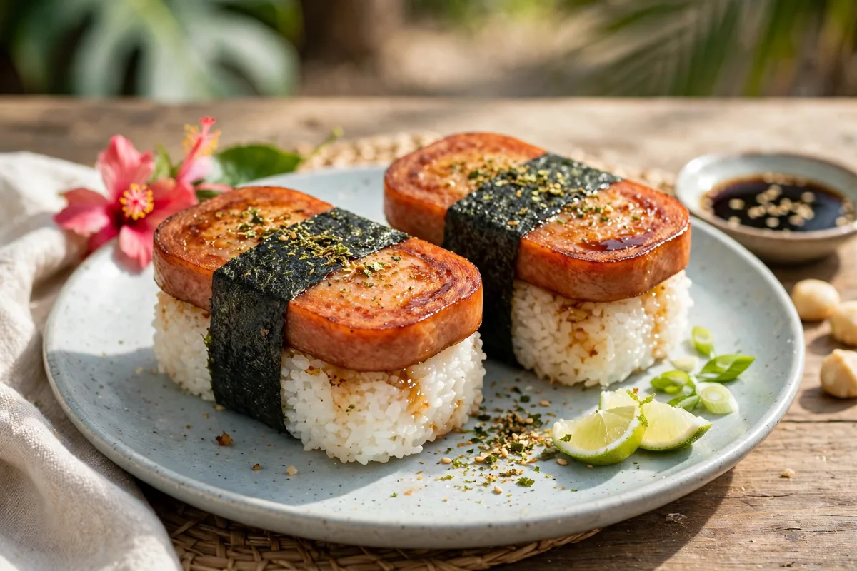 Two Spam musubi on a plate, grilled spam on rice wrapped in seaweed