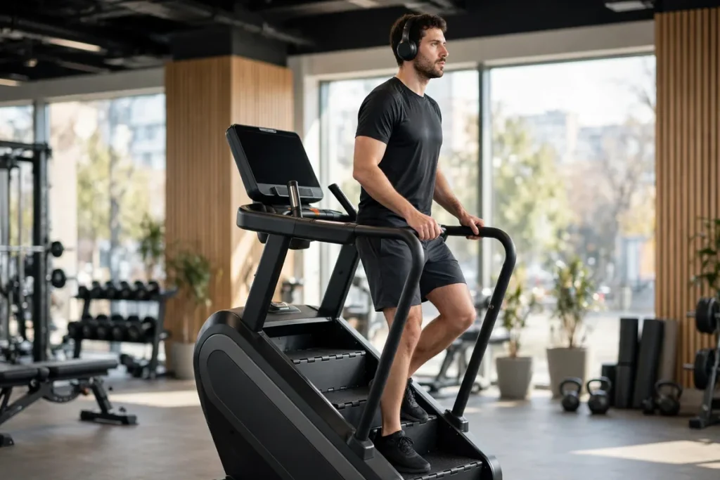 A man exercising on a StairMaster stair climber machine in a bright gym