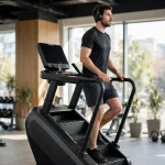 A man exercising on a StairMaster stair climber machine in a bright gym