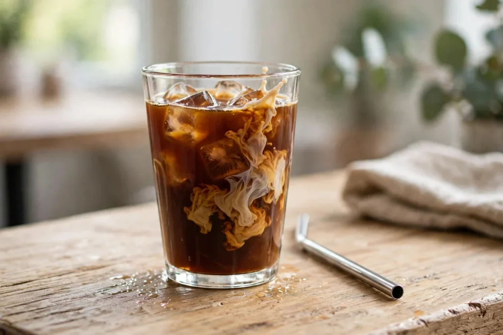 iced coffee low calorie starbucks — a glass of iced coffee with ice and a splash of milk on a cafe table