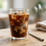 iced coffee low calorie starbucks — a glass of iced coffee with ice and a splash of milk on a cafe table
