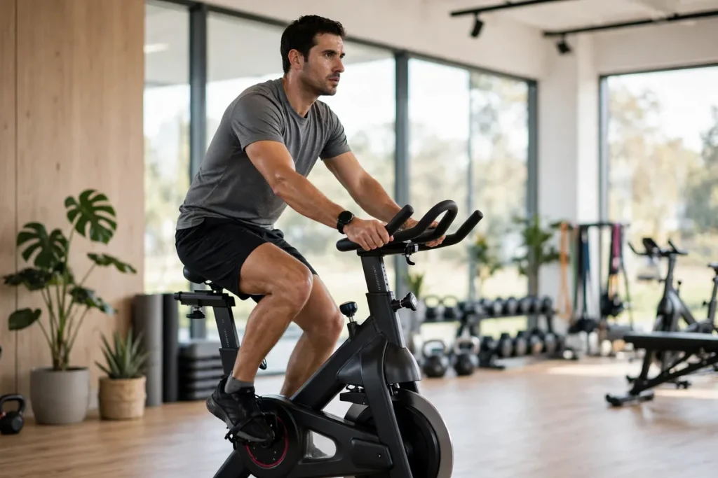 A man riding a stationary exercise bike in a bright modern gym