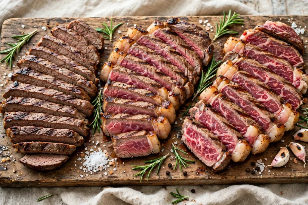 Sliced grilled steaks of different cuts on a wooden board with rosemary and coarse salt