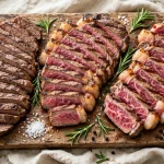 Sliced grilled steaks of different cuts on a wooden board with rosemary and coarse salt