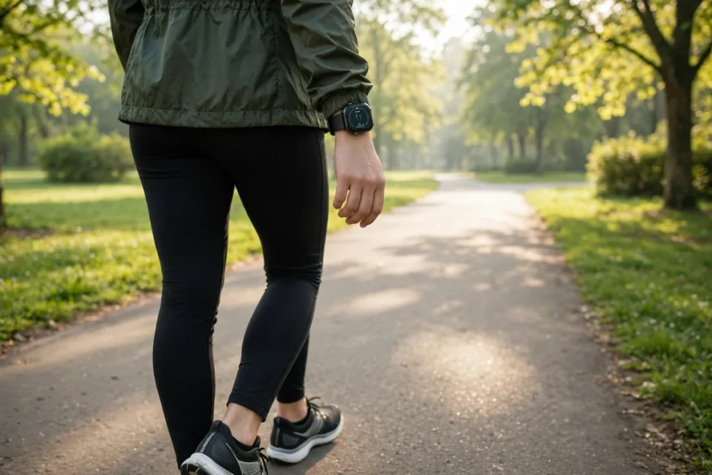 how many steps to lose a pound — a person walking on a park path wearing a fitness watch