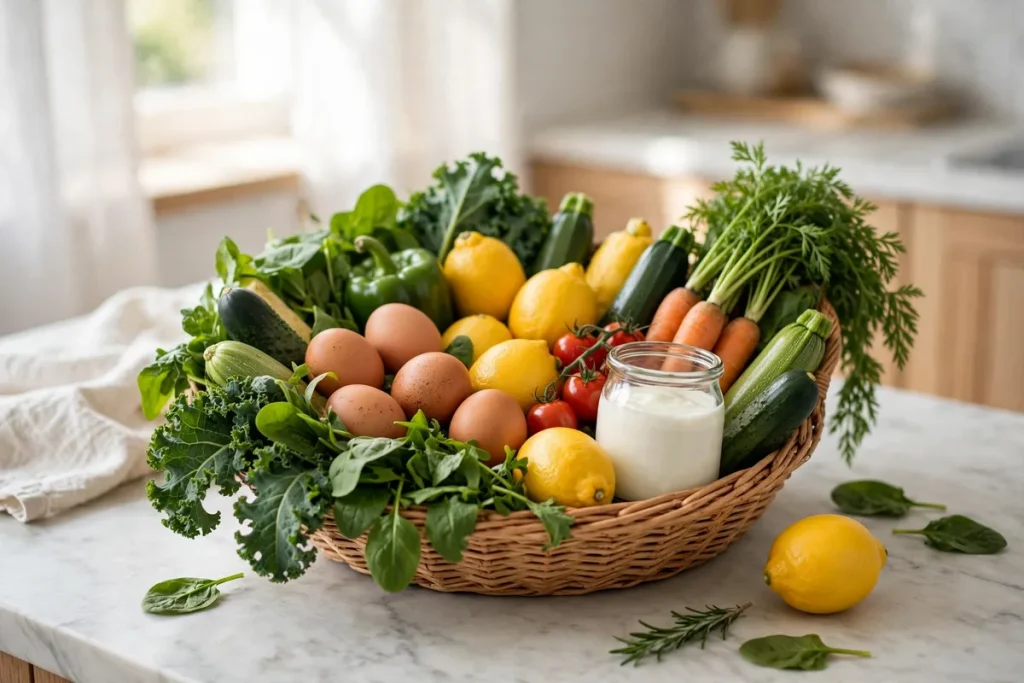 A basket of sugar-free groceries — leafy greens, eggs, lemons, zucchini, carrots and plain yogurt