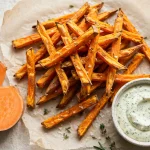 Baked sweet potato fries on parchment paper with a bowl of herb dip and a halved sweet potato
