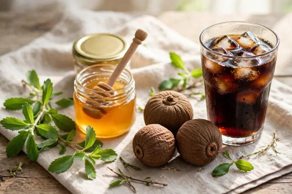 Natural sweeteners on a table — stevia leaves, a jar of honey, monk fruit and a glass of cola with ice