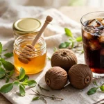 Natural sweeteners on a table — stevia leaves, a jar of honey, monk fruit and a glass of cola with ice