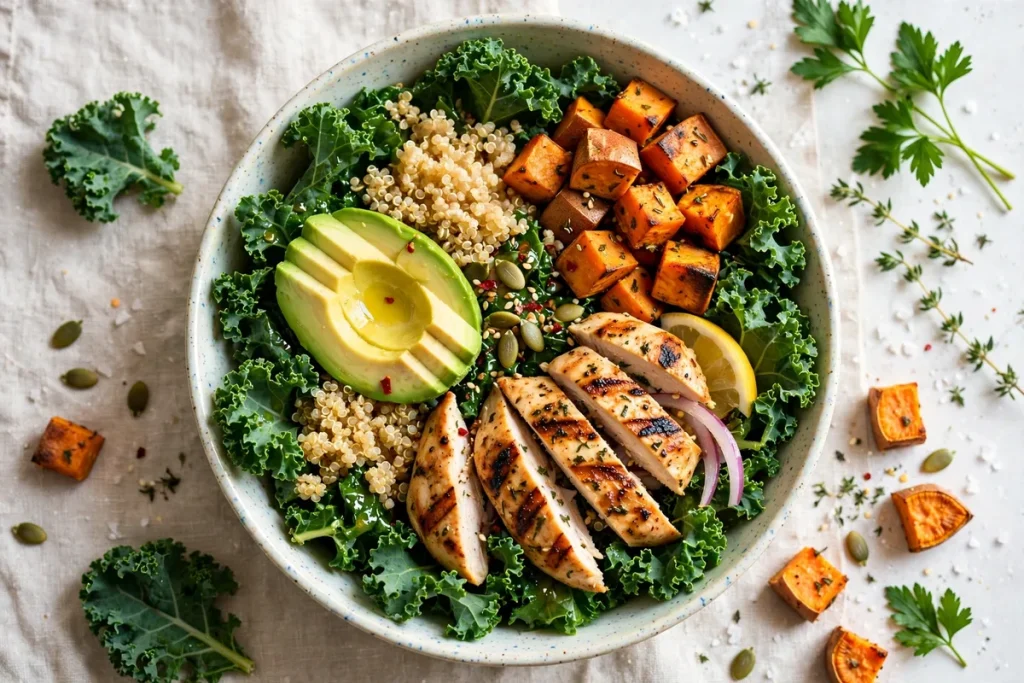 sweetgreen style salad bowl with kale quinoa sweet potato avocado and chicken