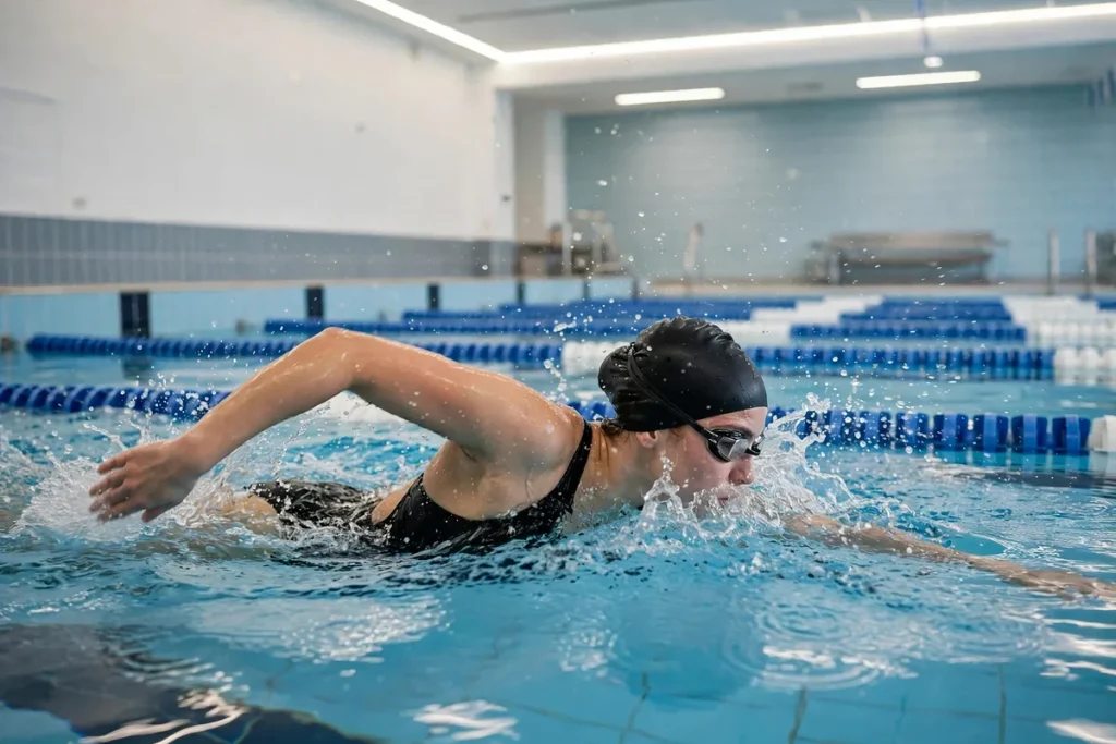 A swimmer doing freestyle laps in an indoor pool lane wearing a cap and goggles
