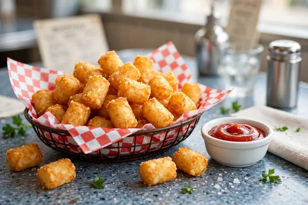 A basket of golden crispy tater tots with a small bowl of ketchup on a diner table