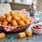 A basket of golden crispy tater tots with a small bowl of ketchup on a diner table