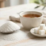 A heaped spoon of white sugar next to a cup of tea and sugar cubes on a small plate