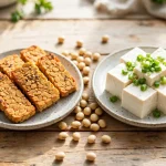Tempeh slices and tofu cubes side by side — comparing protein, calories and nutrition in tempeh vs tofu