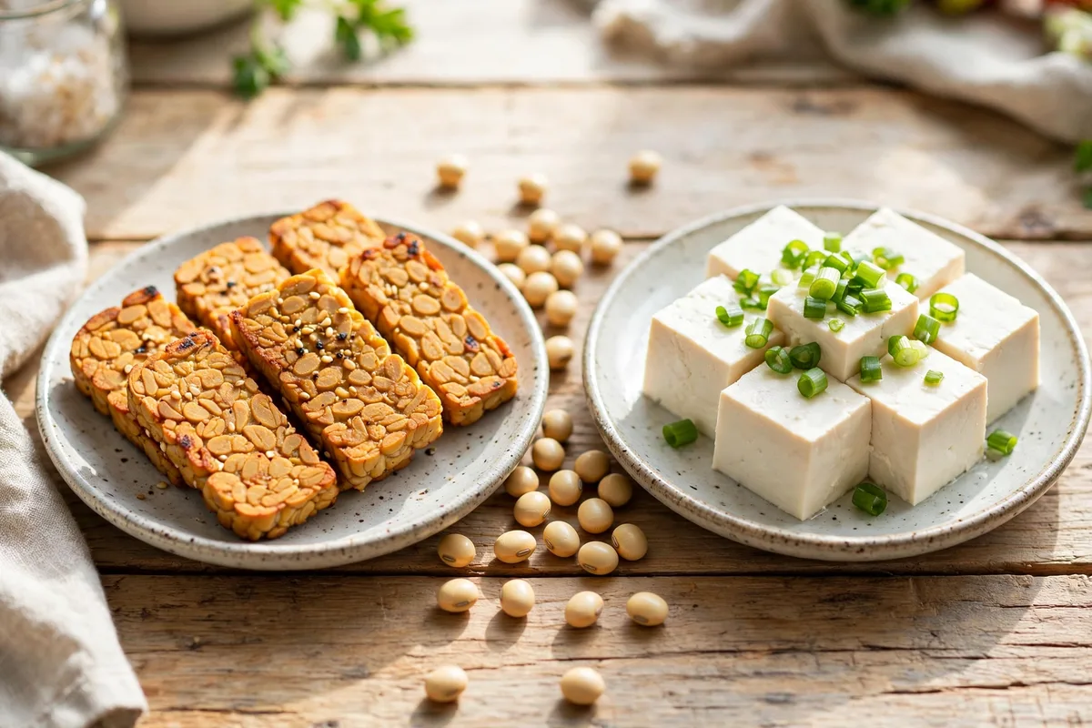 Tempeh slices and tofu cubes side by side — comparing protein, calories and nutrition in tempeh vs tofu