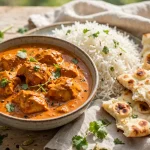 Chicken tikka masala with rice and naan