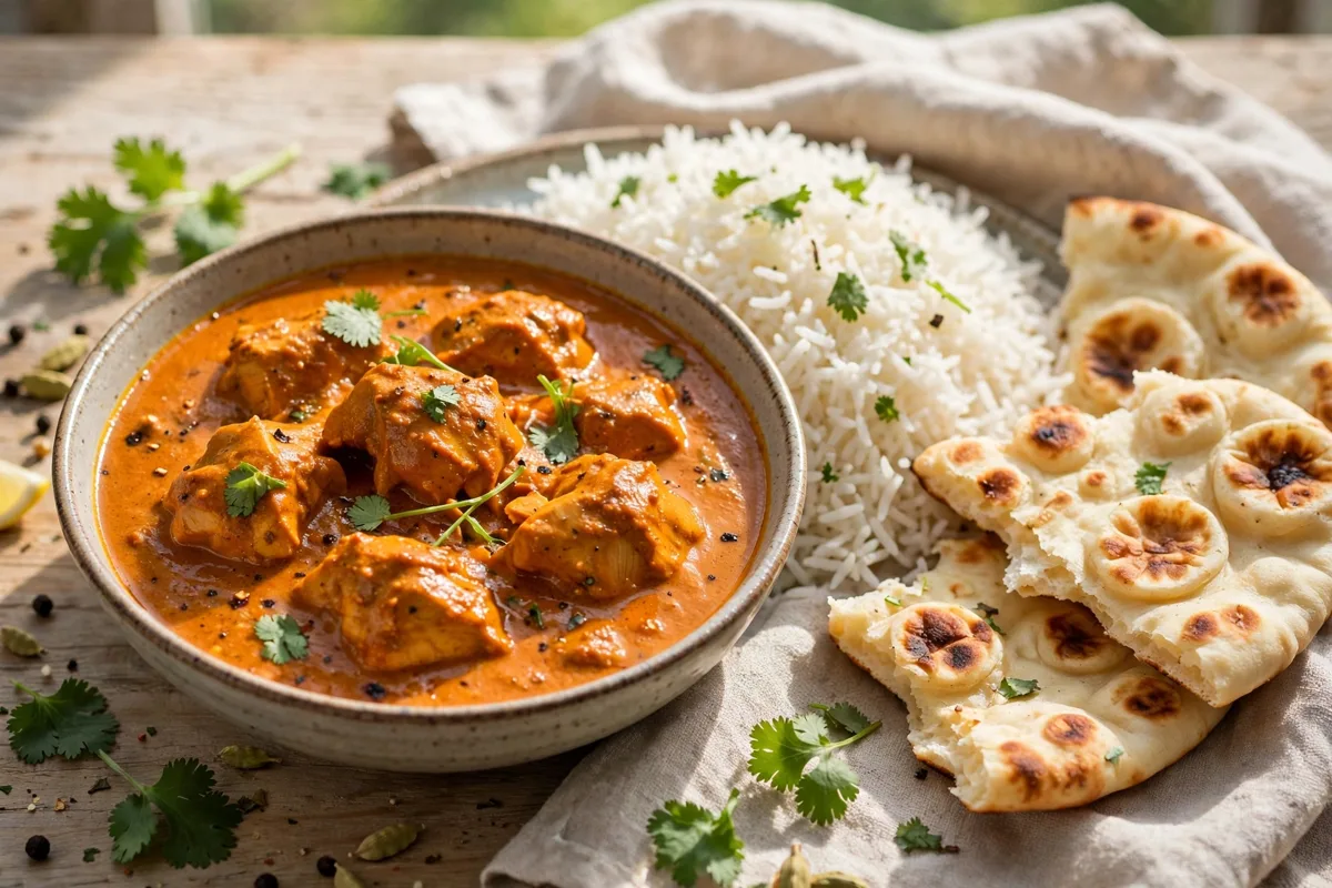 Chicken tikka masala with rice and naan