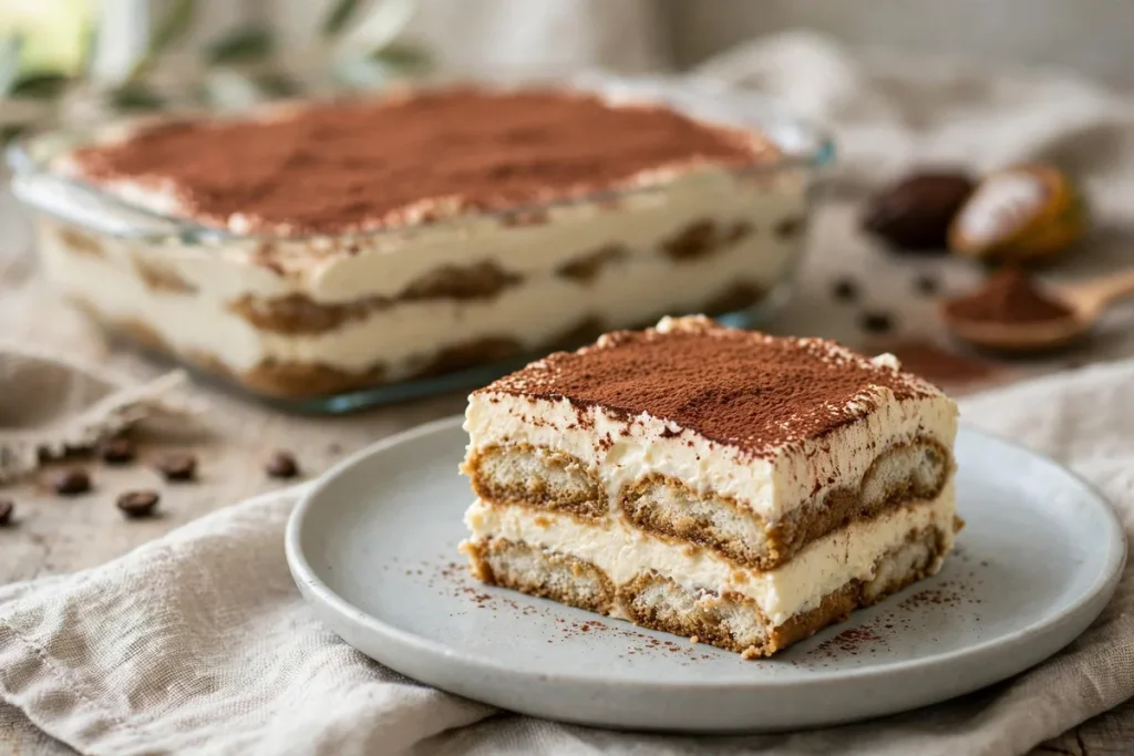 A slice of tiramisu with mascarpone layers and cocoa dusting in front of a full tiramisu dish