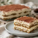 A slice of tiramisu with mascarpone layers and cocoa dusting in front of a full tiramisu dish