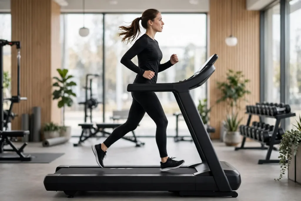A woman running on a treadmill in a bright modern gym