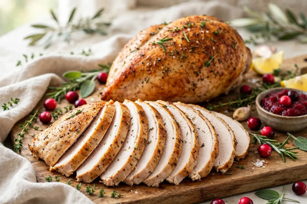 Sliced roasted turkey breast on a wooden board with herbs and cranberries
