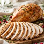 Sliced roasted turkey breast on a wooden board with herbs and cranberries