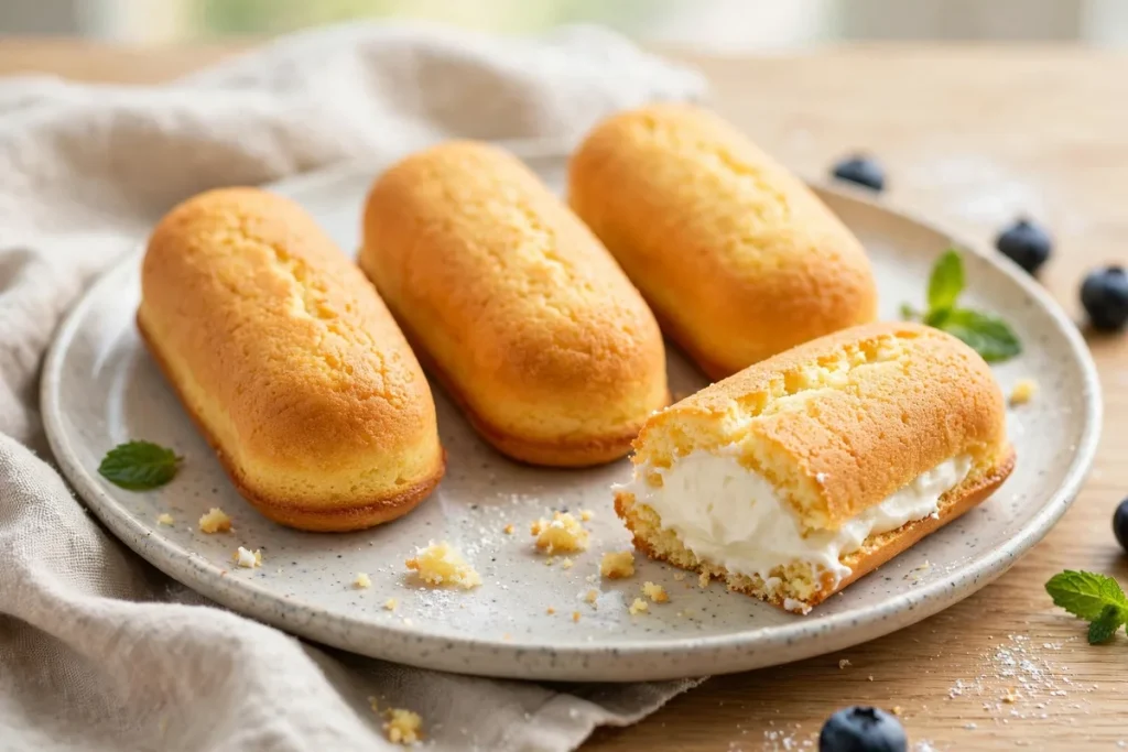 Golden sponge snack cakes on a plate, one cut open showing the cream filling