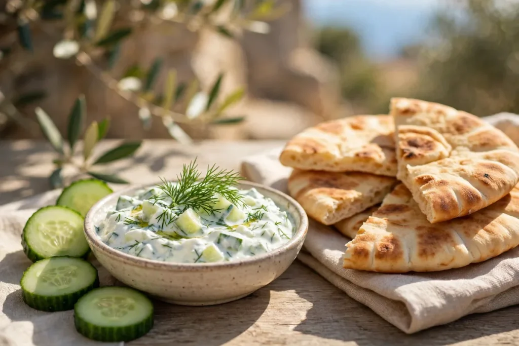 Bowl of tzatziki with pita bread