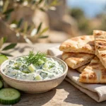 Bowl of tzatziki with pita bread
