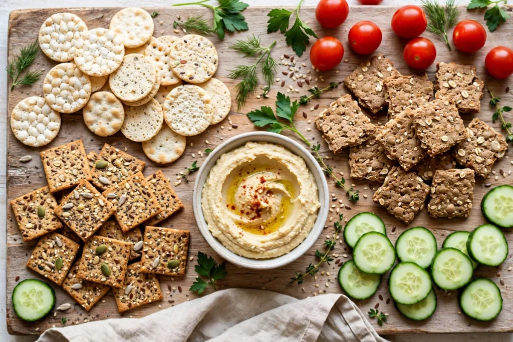 vegan crackers with hummus and fresh vegetables on a serving board