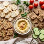 vegan crackers with hummus and fresh vegetables on a serving board