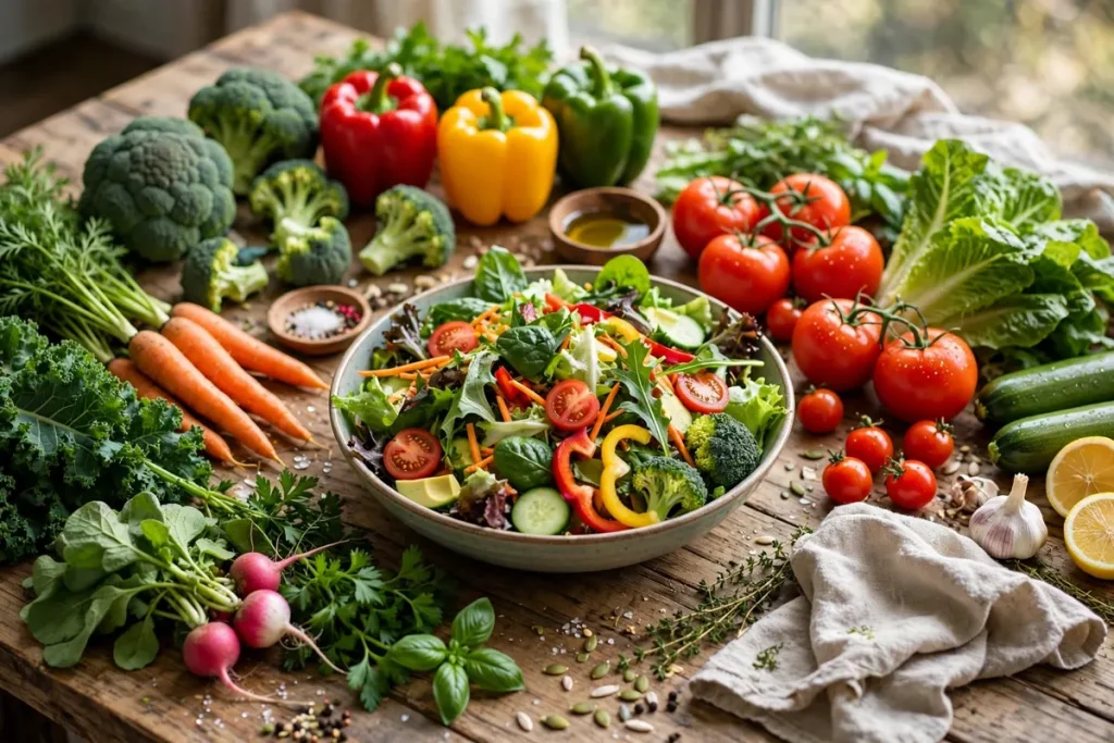 How many servings of vegetables per day - a colorful spread of fresh vegetables around a big salad bowl