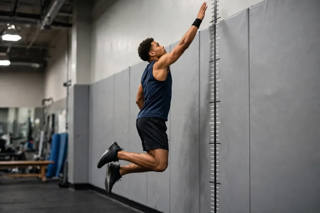 An athlete mid-air during a vertical jump test, reaching up a height marker on a gym wall