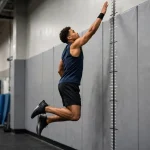 An athlete mid-air during a vertical jump test, reaching up a height marker on a gym wall