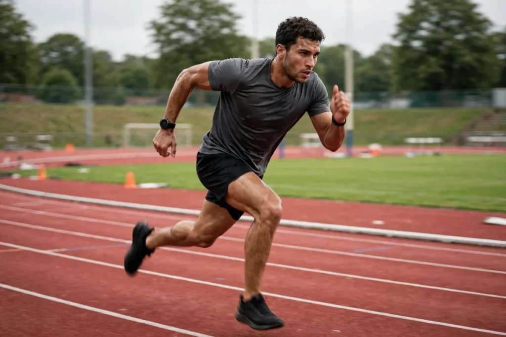 A runner sprinting on an athletics track during a timed VO2 max fitness test